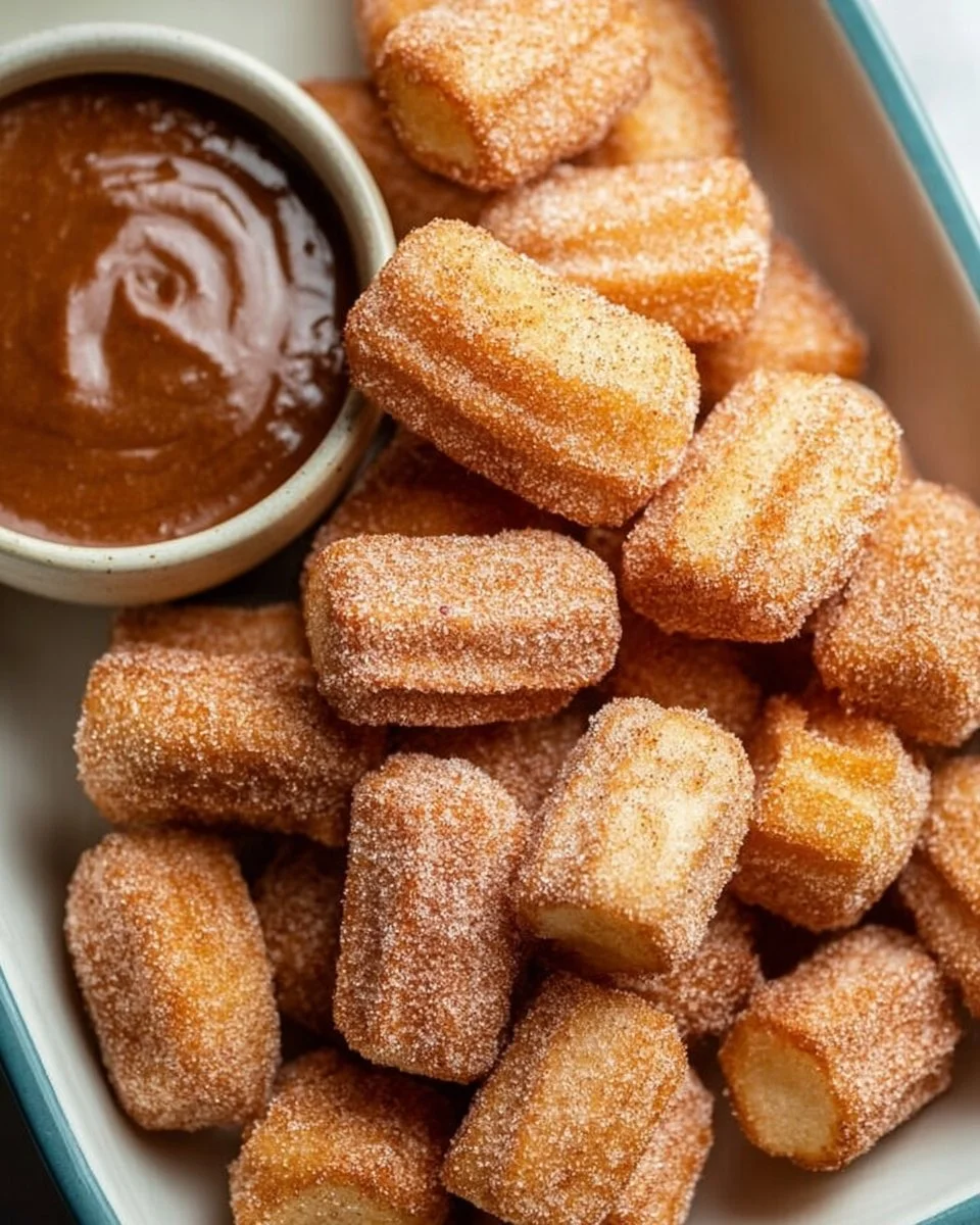 Healthy Air Fryer Churro Bites 1 Healthy air fryer churro bites served on a plate with a cinnamon sugar sprinkle.