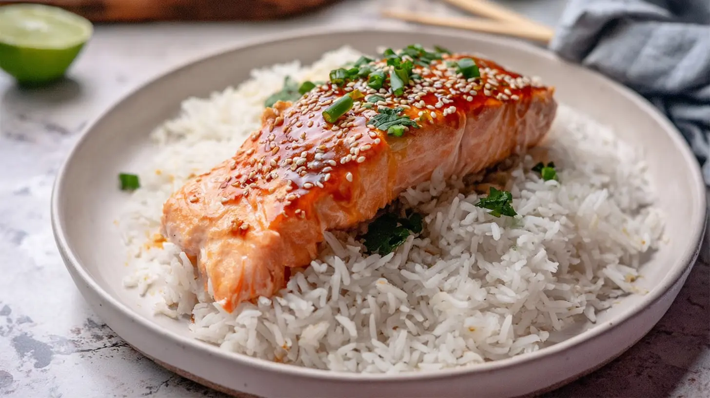 Salmon And Rice: 5 Reasons It's Your New Favorite Meal 1 Healthy portion of roasted salmon and seasoned rice on a dish.