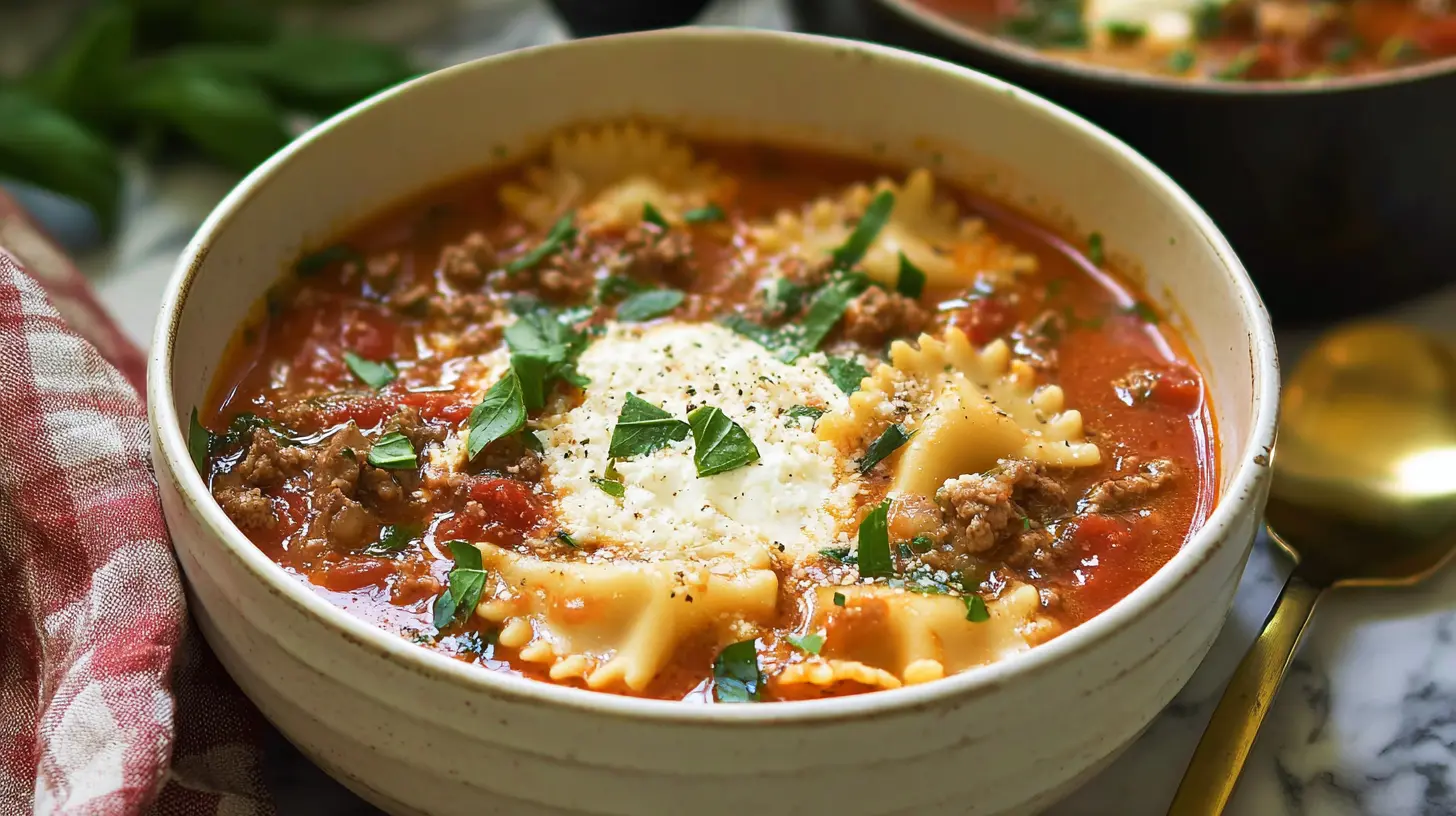 A steaming bowl of hearty lasagna soup with melted cheese.