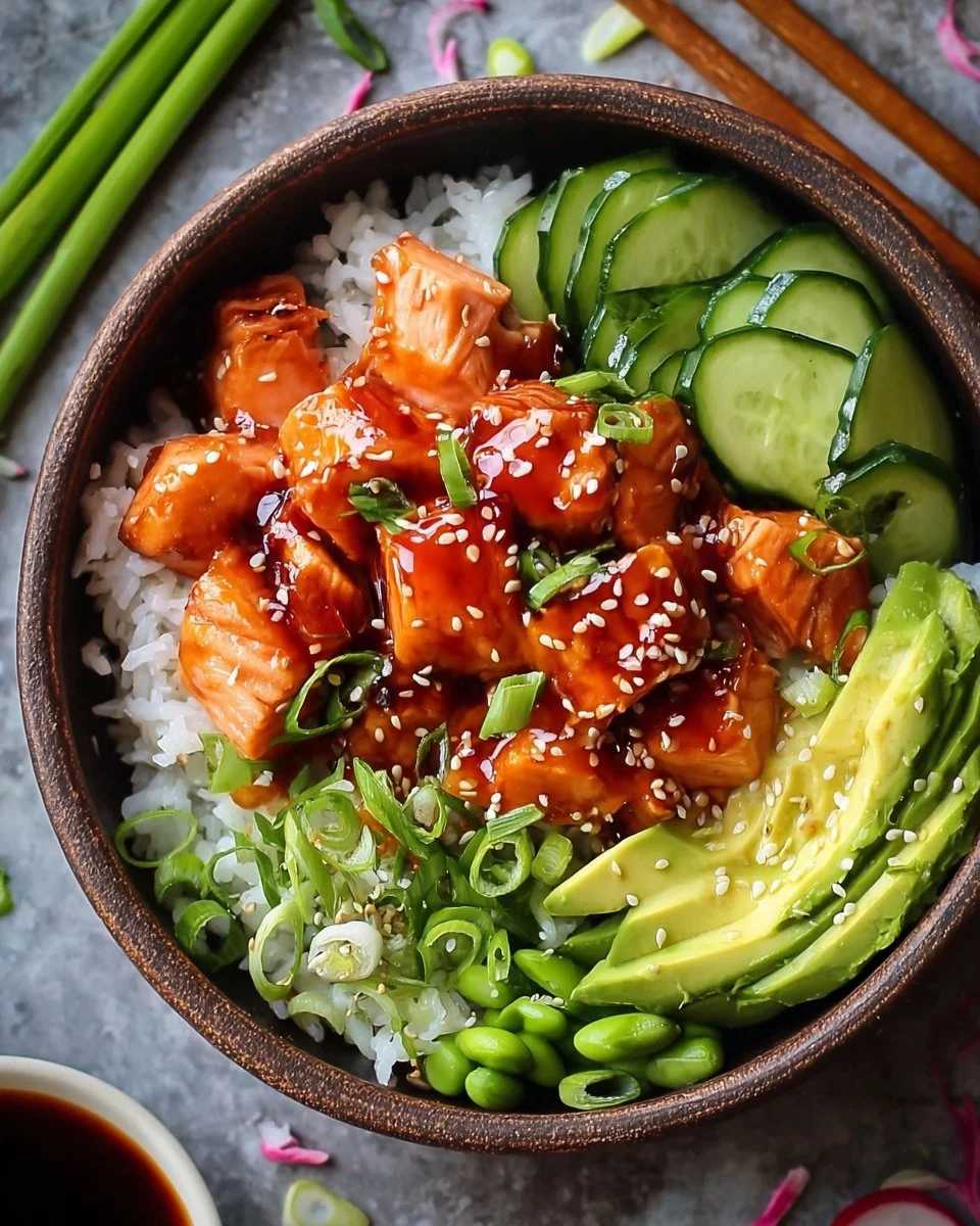 Honey Sriracha Salmon Bowls: A Sweet and Spicy Delight 1 Honey Sriracha Salmon Bowl with vibrant vegetables and rice