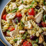 Mediterranean Chicken Pasta Salad with fresh vegetables and herbs
