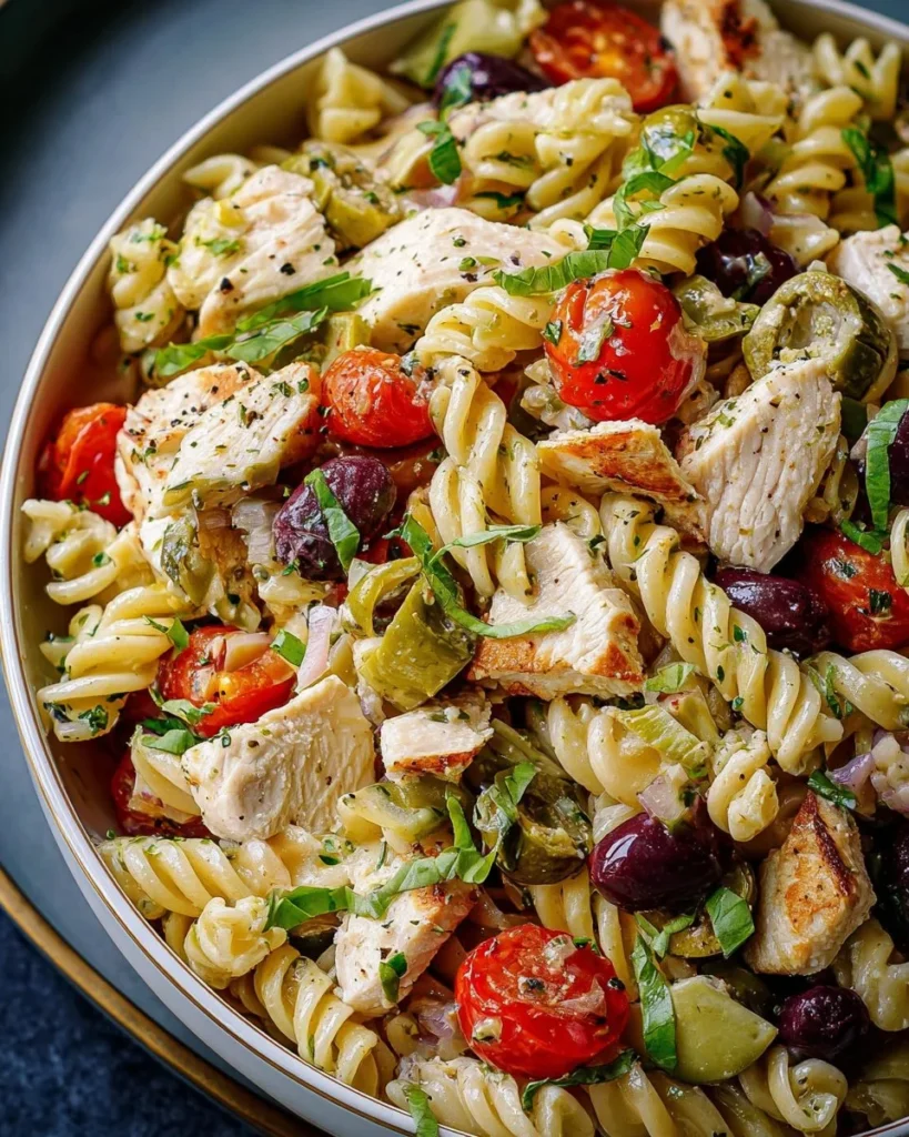 Mediterranean Chicken Pasta Salad with fresh vegetables and herbs