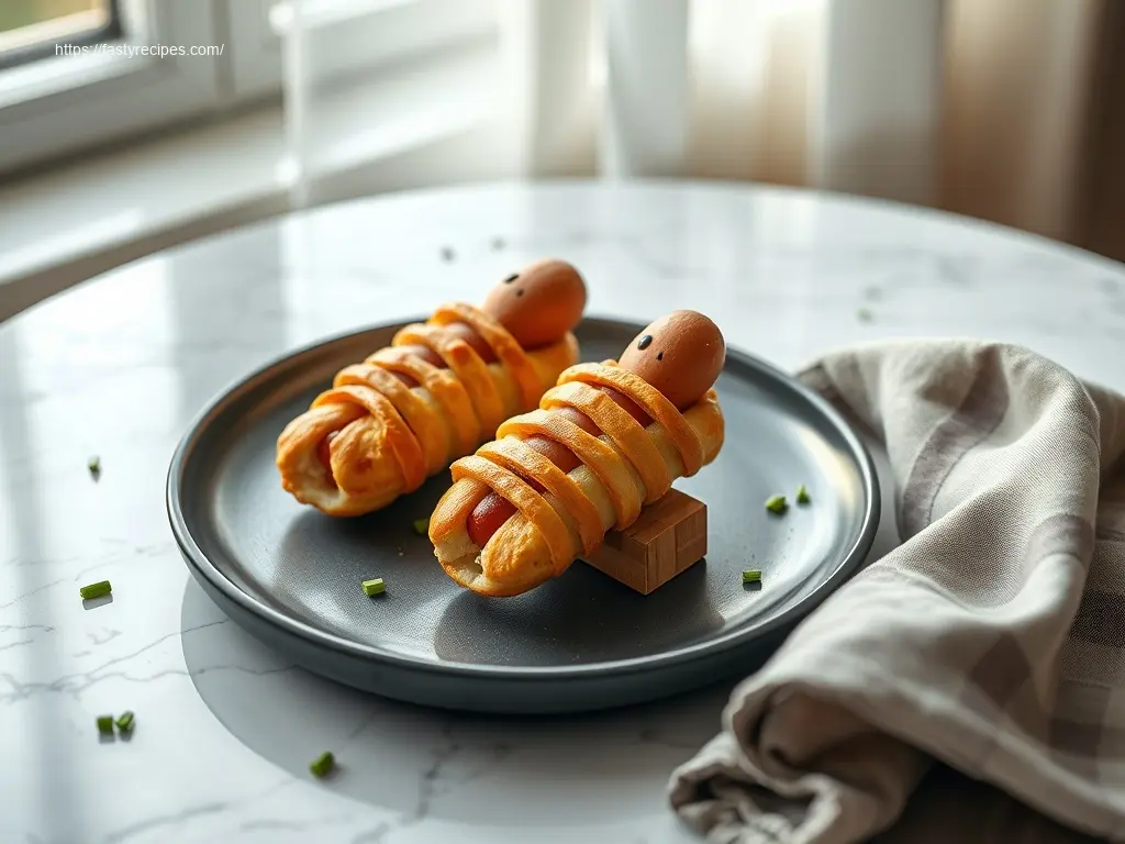 Delicious Mini Mummy Hot Dogs on a white platter