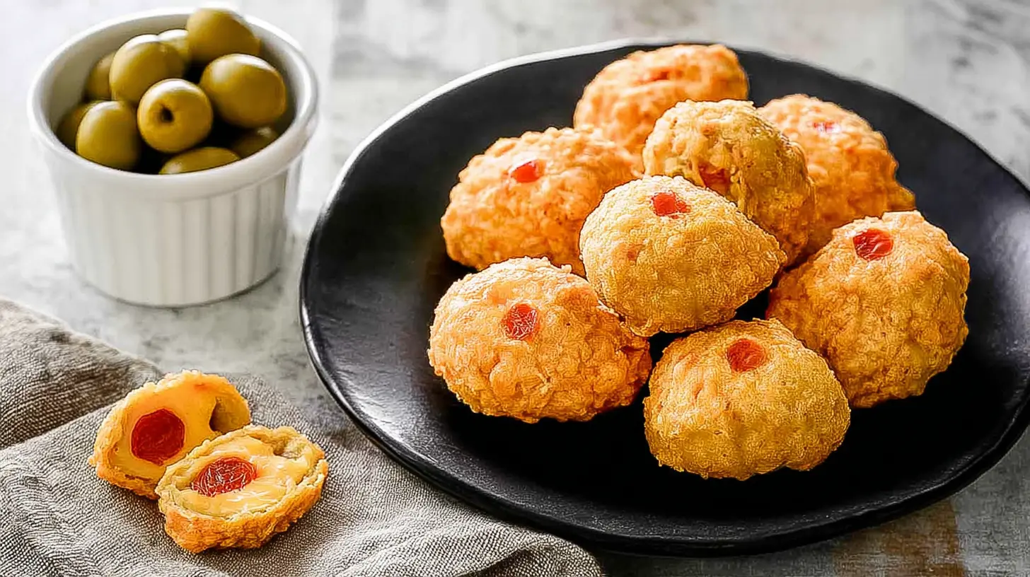 A plate of golden baked olive cheese balls ready to serve.