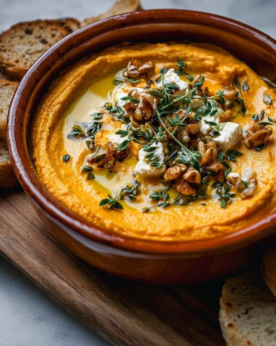 Pumpkin Whipped Feta Dip 1 Delicious Pumpkin Whipped Feta Dip served in a bowl with herbs and crackers.