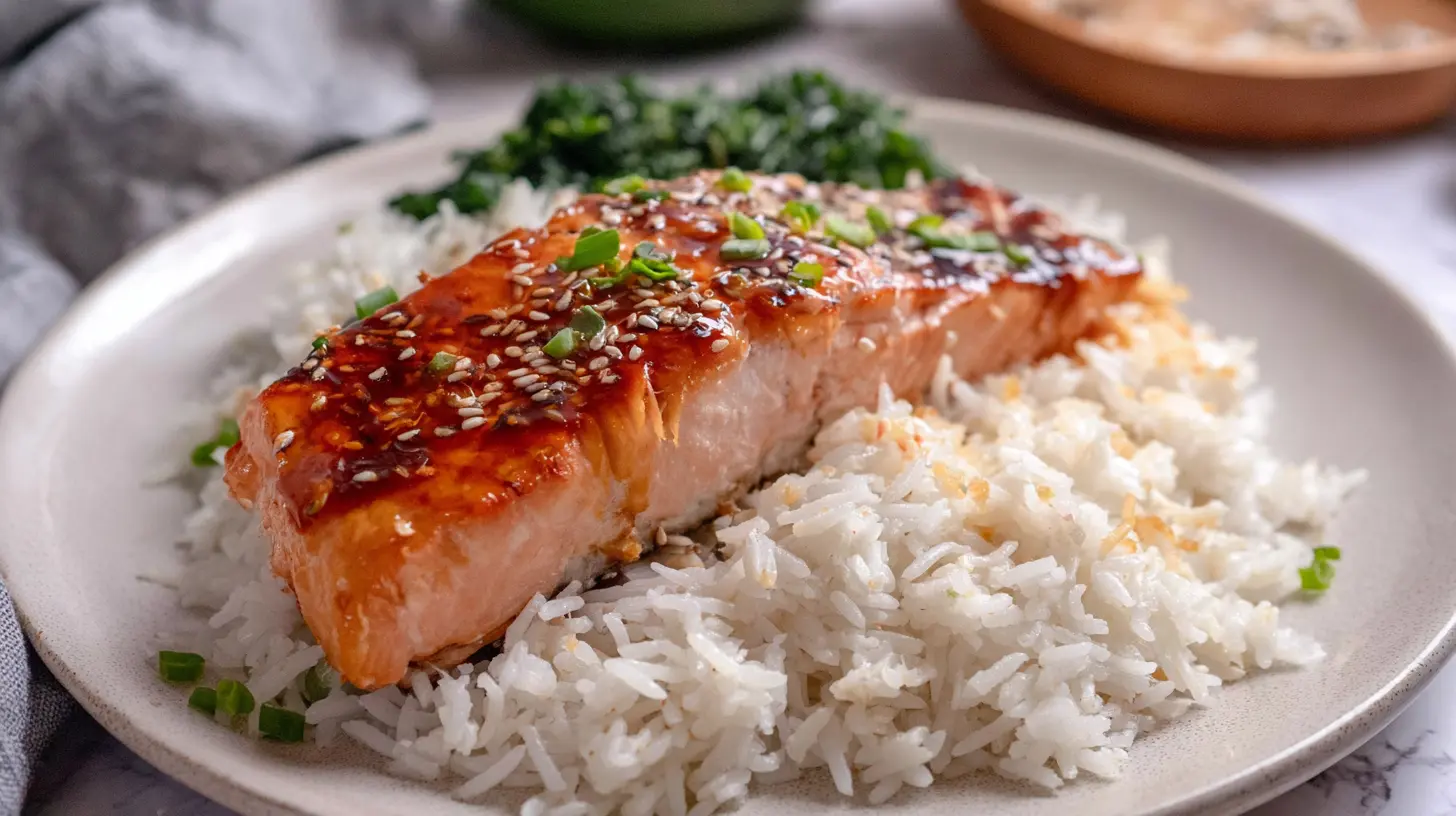 Salmon And Rice: 5 Reasons It's Your New Favorite Meal 2 A perfectly cooked salmon fillet next to fluffy white rice.