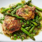 Delicious braised chicken pieces perfectly cooked with fresh asparagus.