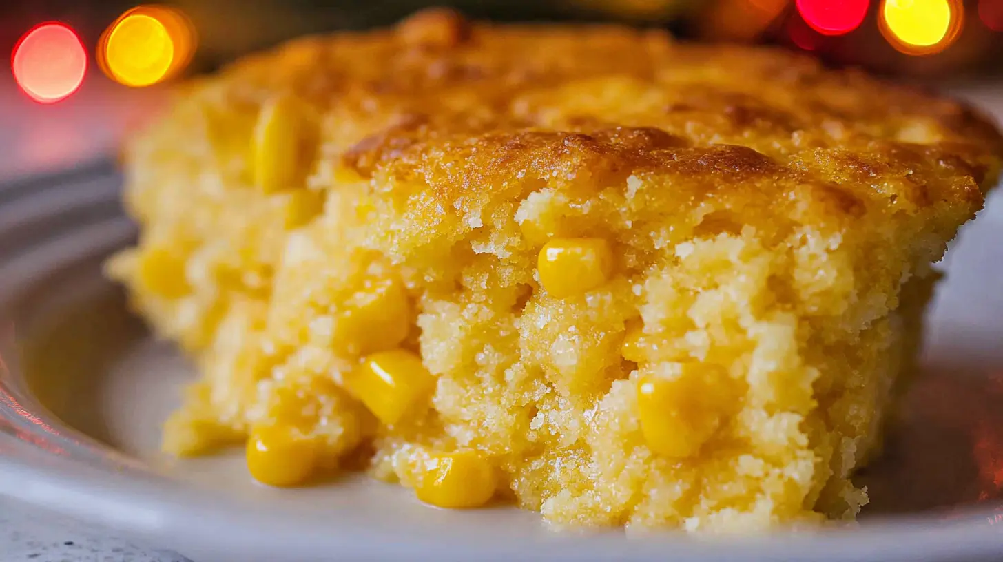 A golden-brown cornbread casserole in a rectangular baking dish.