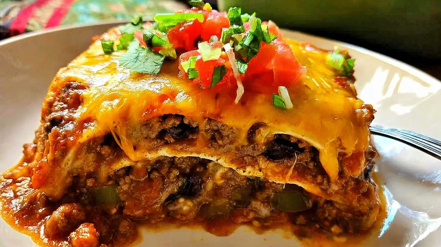 Enchilada Casserole: How to Make it in 30 Mins 2 A bubbling enchilada casserole fresh from the oven, topped with melted cheese and herbs.