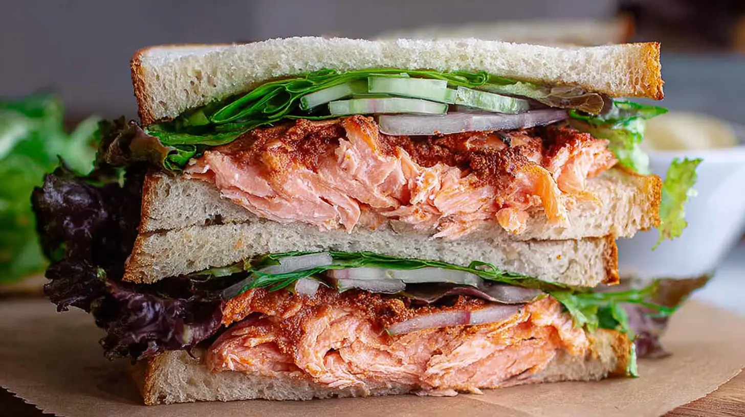 Salmon Sandwich: Try These 10 Delicious Combos 2 A freshly prepared salmon sandwich on whole wheat bread with greens.