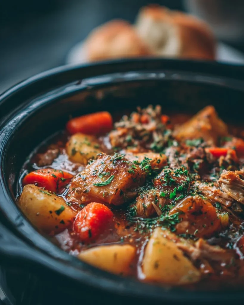 Delicious slow cooker chicken stew served in a bowl with vegetables.