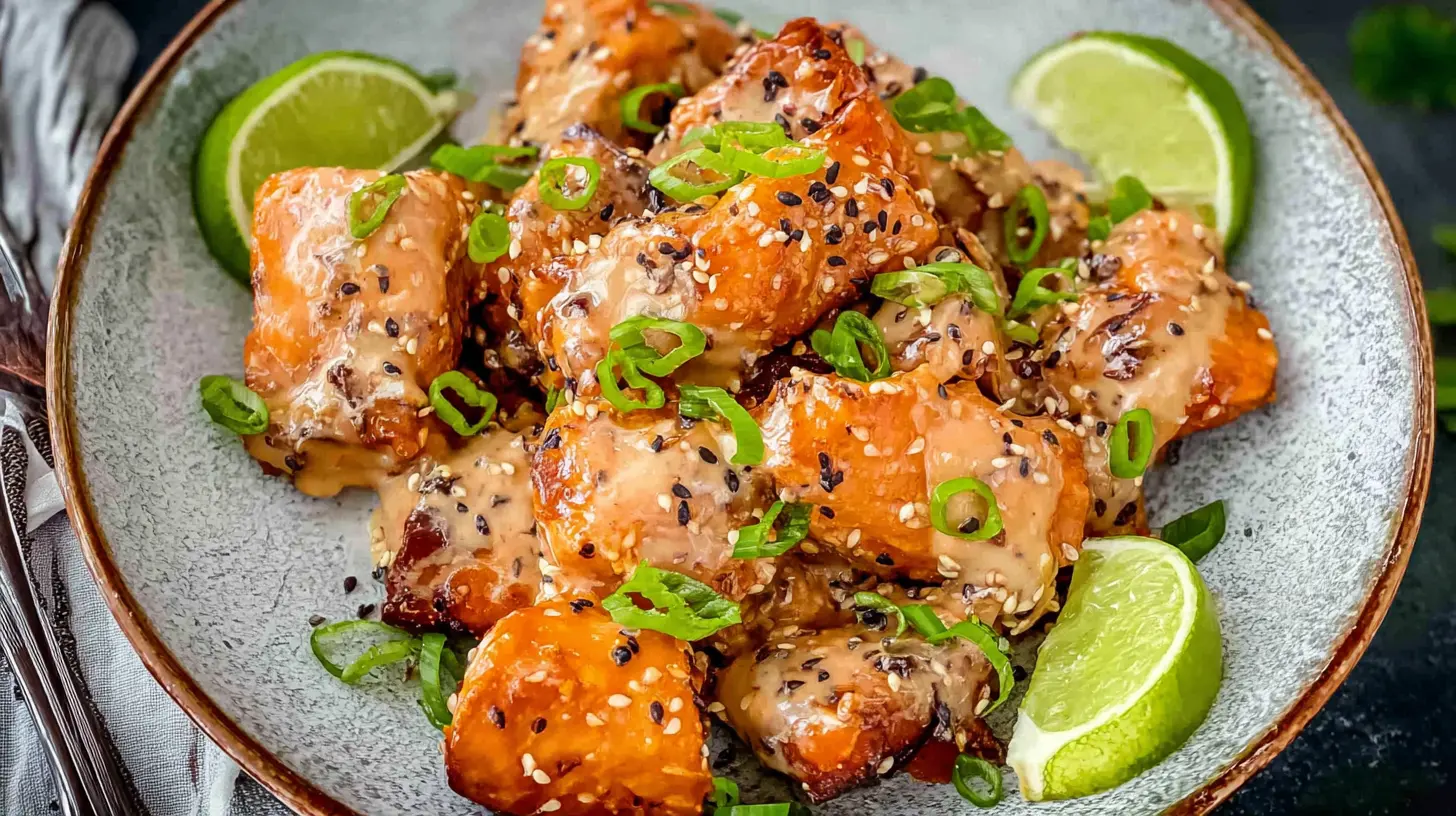 A plate of Bang Bang Salmon drizzled with a creamy, spicy sauce and garnished.