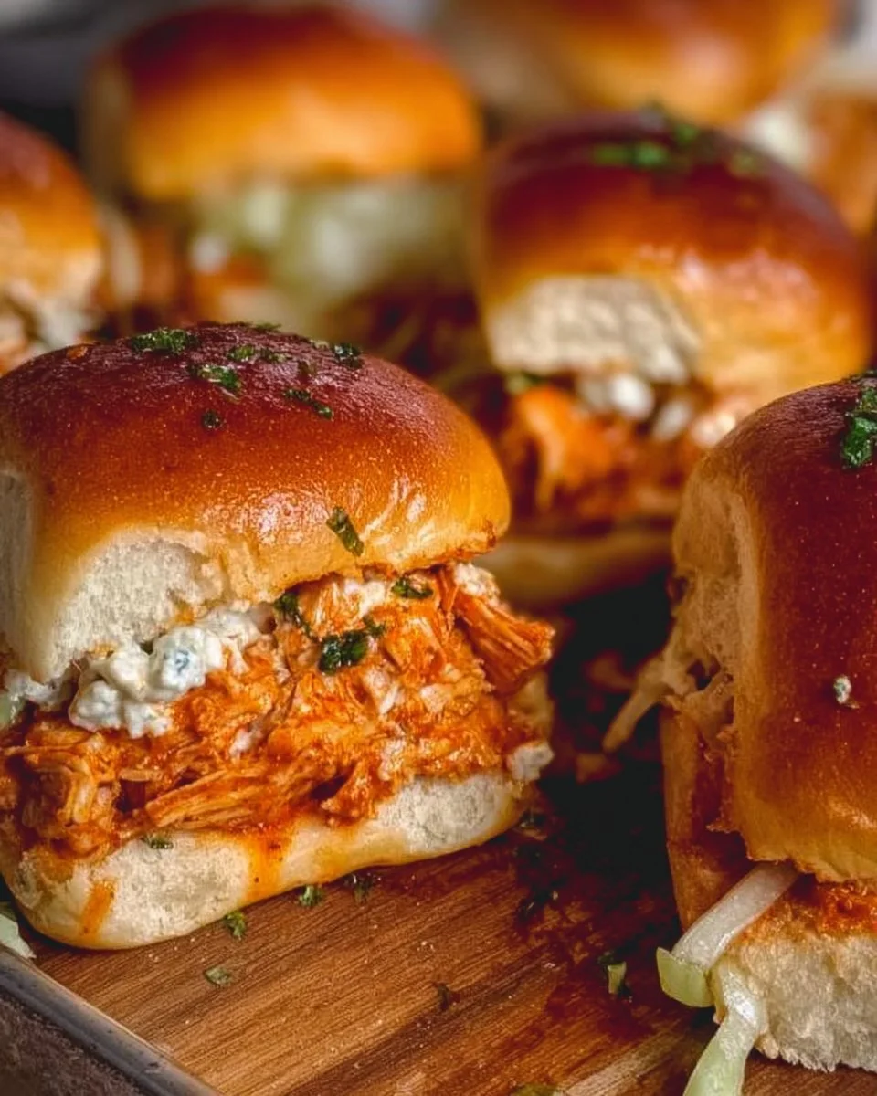 Spicy Buffalo Chicken Sliders 1 Plate of spicy Buffalo chicken sliders with toppings and sauces