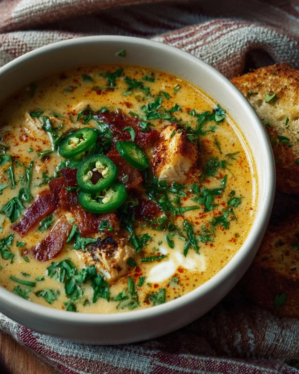 Spicy Jalapeño Popper Chicken Soup 1 Bowl of spicy jalapeño popper chicken soup topped with cheese and jalapeños
