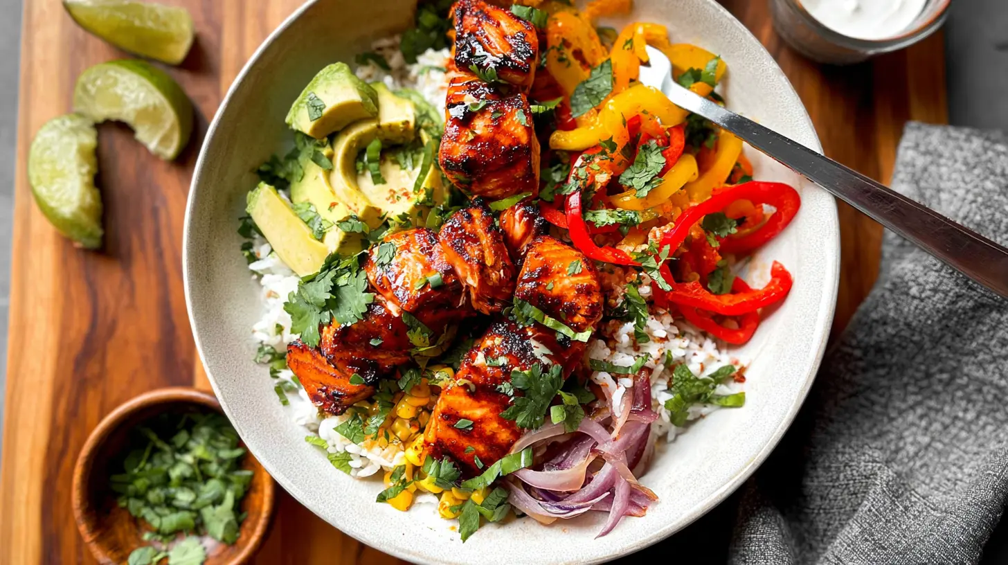 Chili Lime Salmon Bowls: 8 Prep Tips 1 Overhead view of two healthy chili lime salmon bowls on a dining table.
