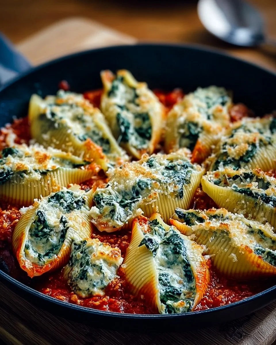 Spinach and Ricotta Stuffed Shells 1 Plate of spinach and ricotta stuffed shells garnished with herbs