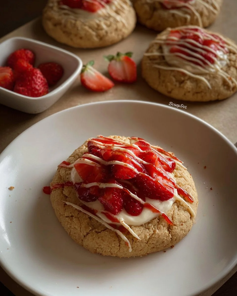 Strawberry Cheesecake Cookies 1 Delicious strawberry cheesecake cookies with a creamy and fruity filling.