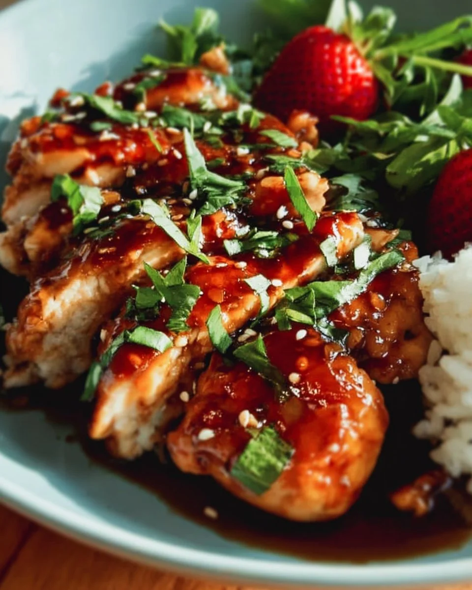 Strawberry Chicken 1 Delicious Strawberry Chicken dish served with fresh ingredients on a plate.