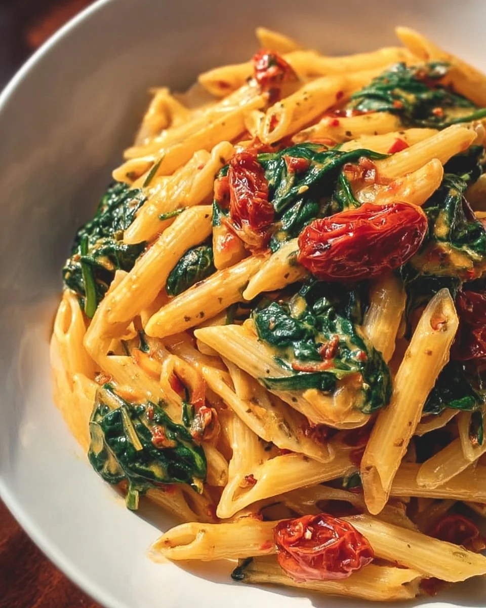 Tasty Spinach Tomato Pasta 1 Delicious Spinach Tomato Pasta served in a bowl with fresh ingredients