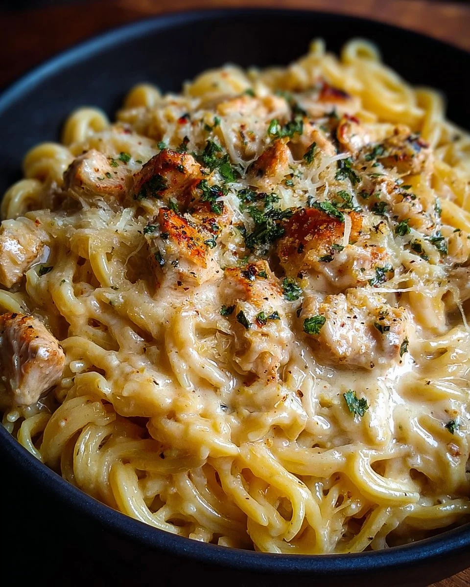 The Best Crockpot Garlic Parmesan Chicken Pasta Recipe 1 Crockpot garlic parmesan chicken pasta served in a bowl