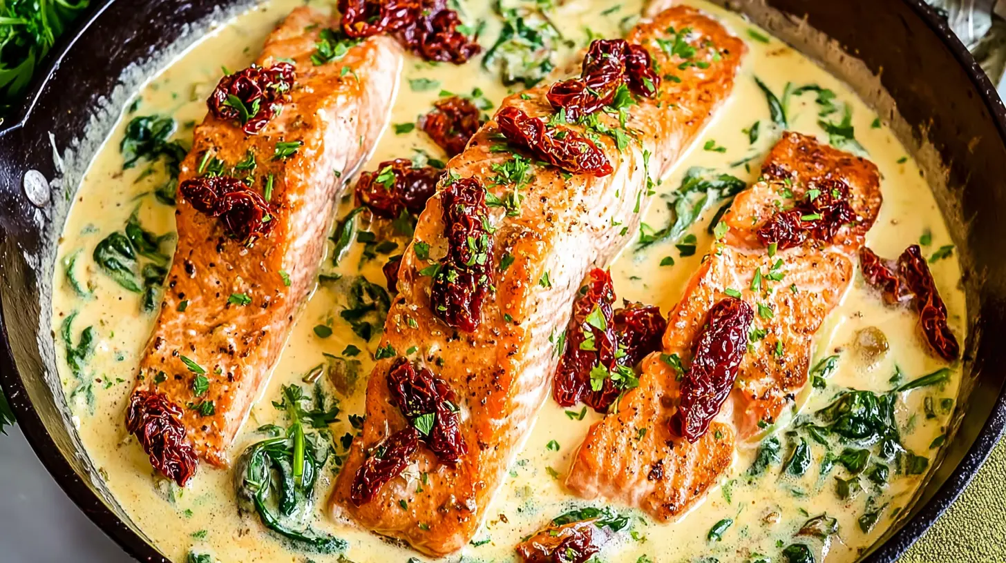 Tuscan Salmon: 6 Secrets for Flavor 2 Close-up of pan-seared Tuscan salmon with creamy sauce, sun-dried tomatoes, and spinach.