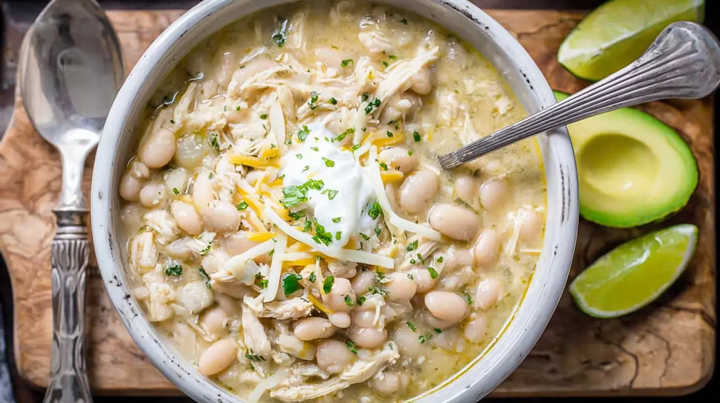 White Chicken Chili Slow Cooker: 4 Delicious Dinners 2 A hearty bowl of white chicken chili cooked in a slow cooker, ready to serve.