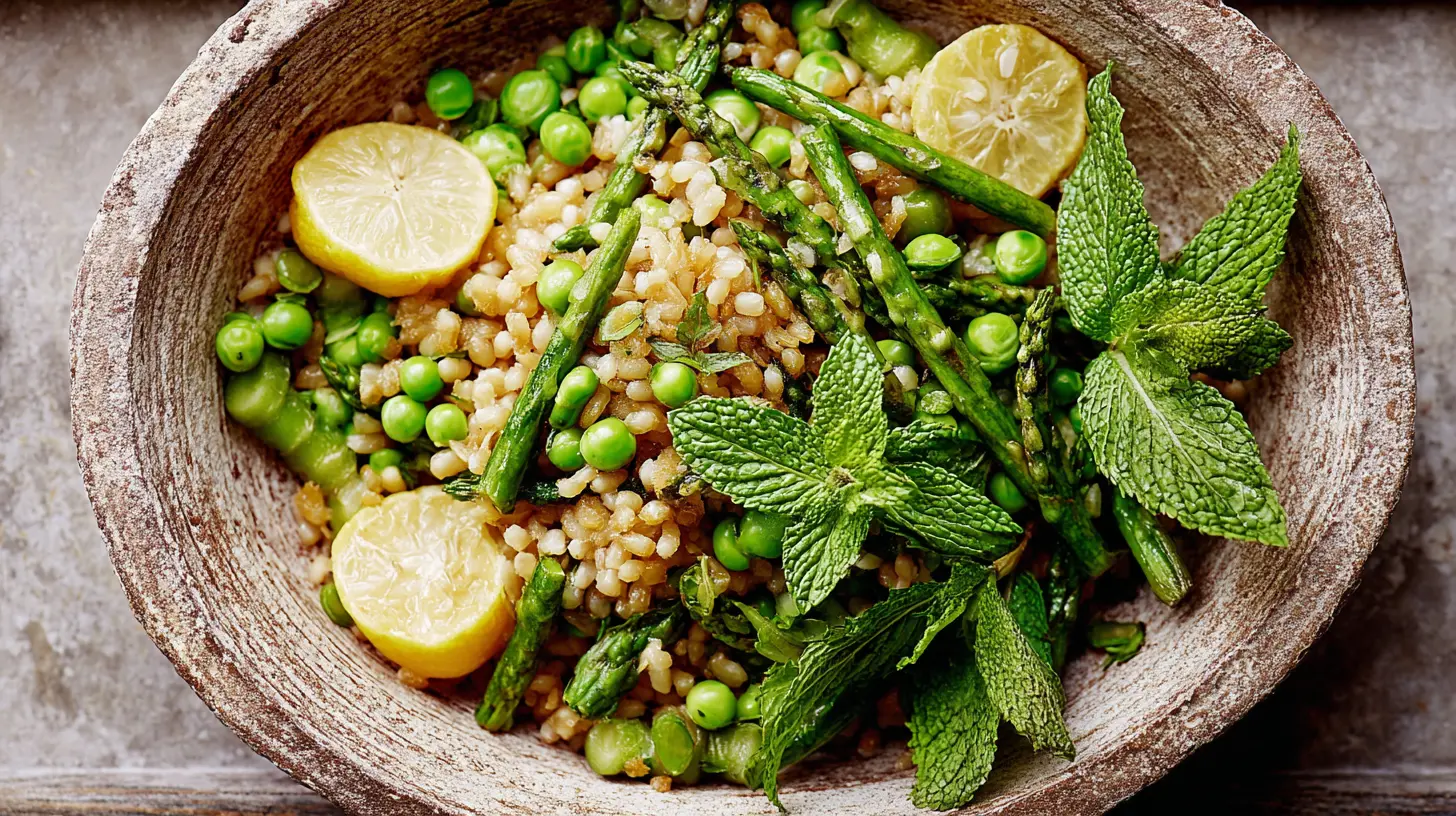 Various fresh lemony spring vegetables neatly arranged.