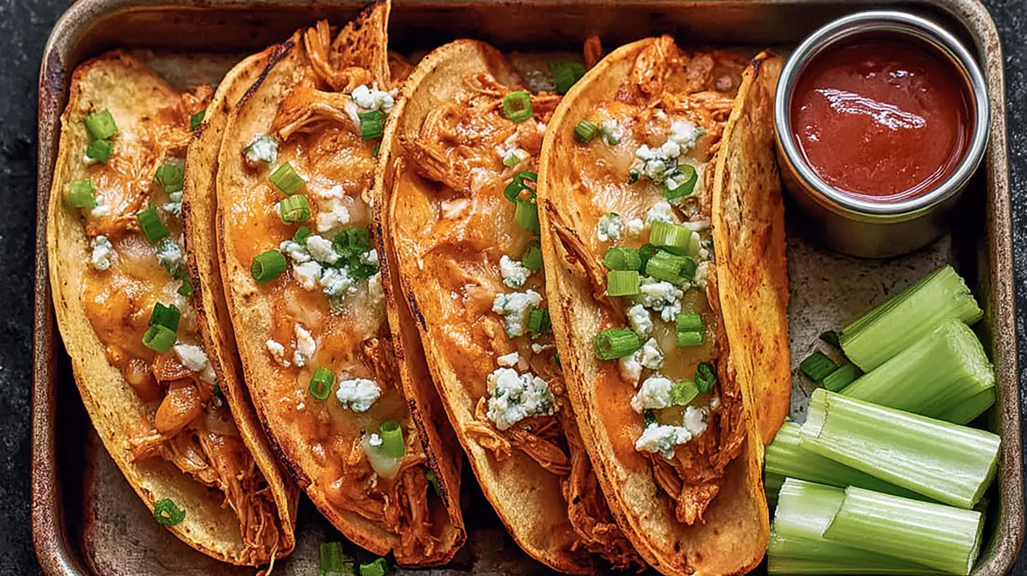Close-up of buffalo chicken tacos with blue cheese crumbles