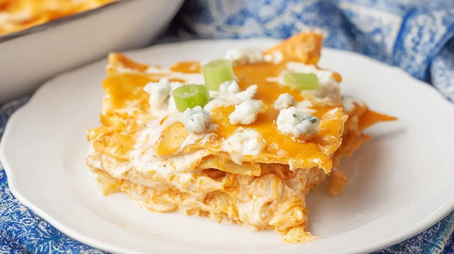 Cheesy Buffalo Ranch Chicken Lasagna: 7 Best Bites 1 Golden-brown cheesy buffalo ranch chicken lasagna fresh from the oven, ready to serve