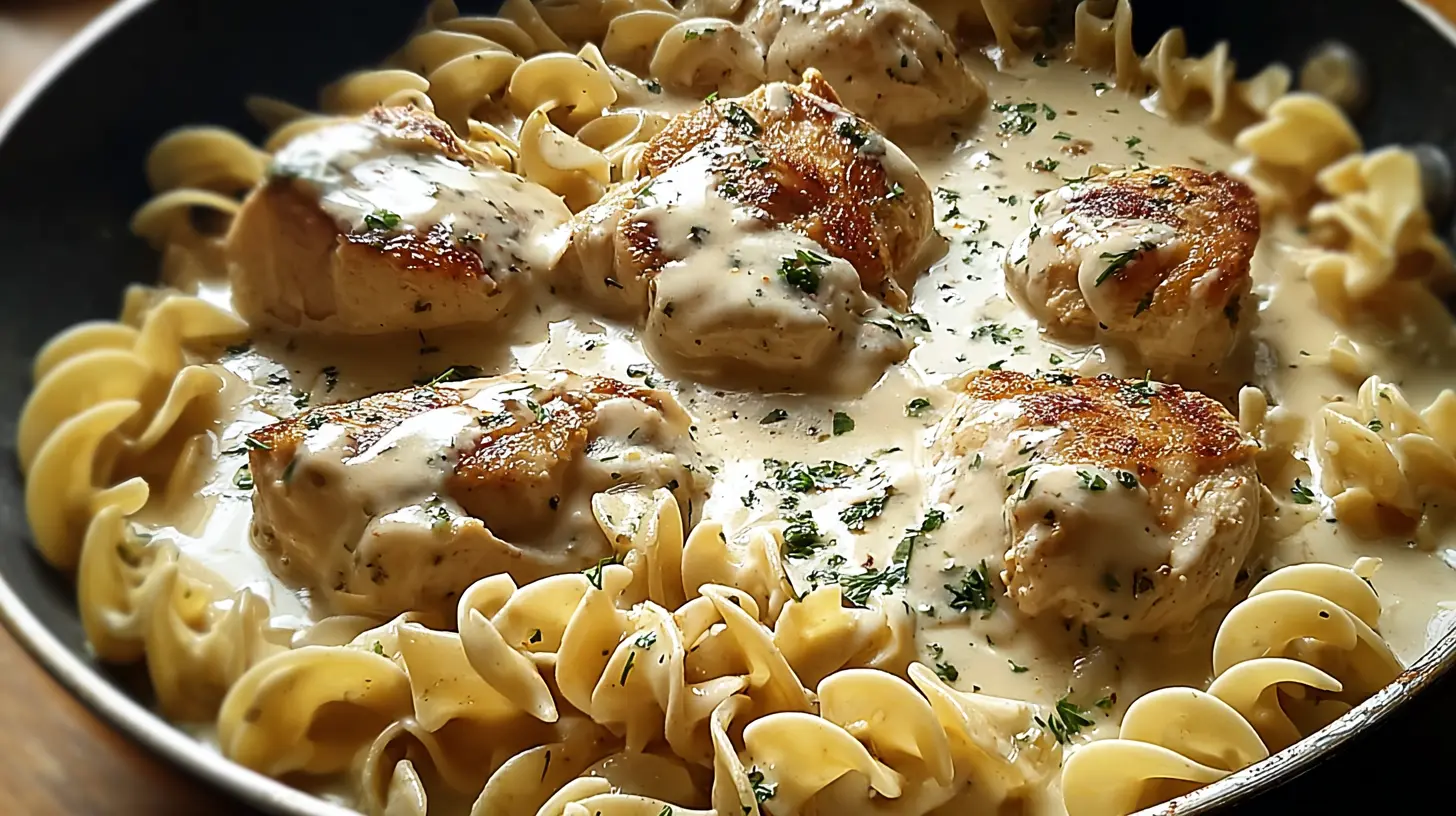 A serving of tender chicken with buttered noodles.