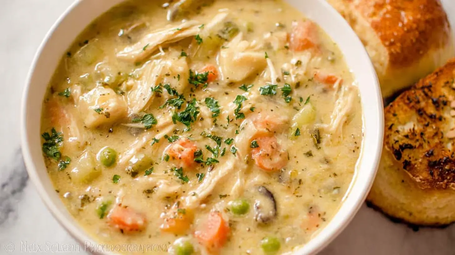 A steaming bowl of chicken pot pie soup, rich with vegetables and tender chicken.