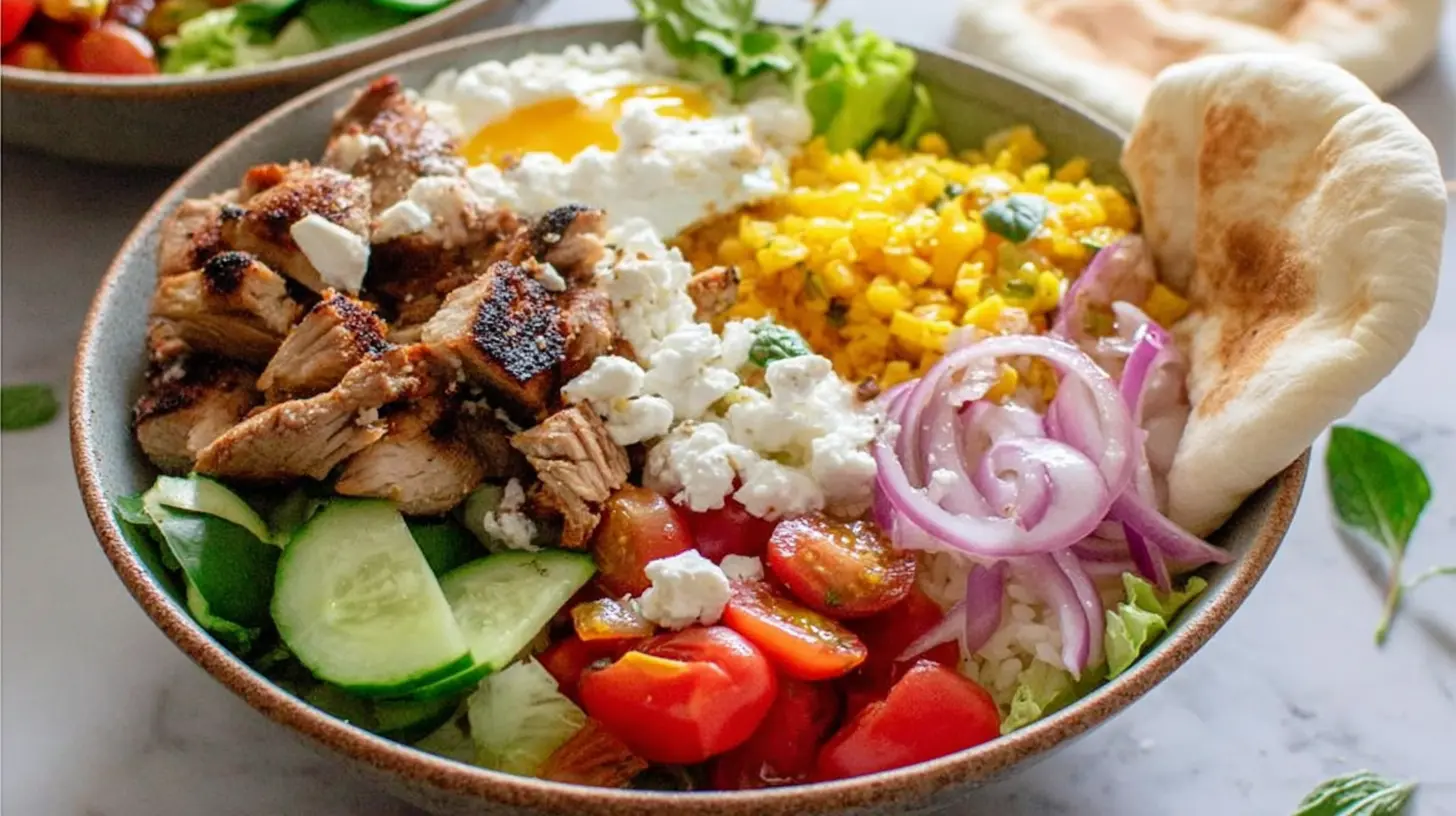 chicken shawarma bowl: Your 1 Go-To Recipe 2 A vibrant chicken shawarma bowl with fresh vegetables and sauces