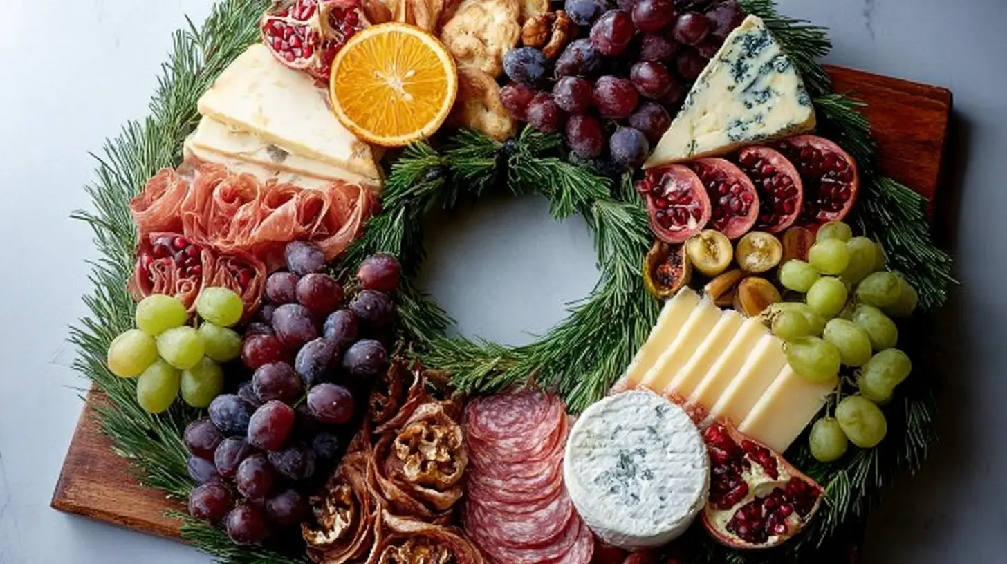 A vibrant spread of Christmas food items arranged beautifully for a holiday gathering.