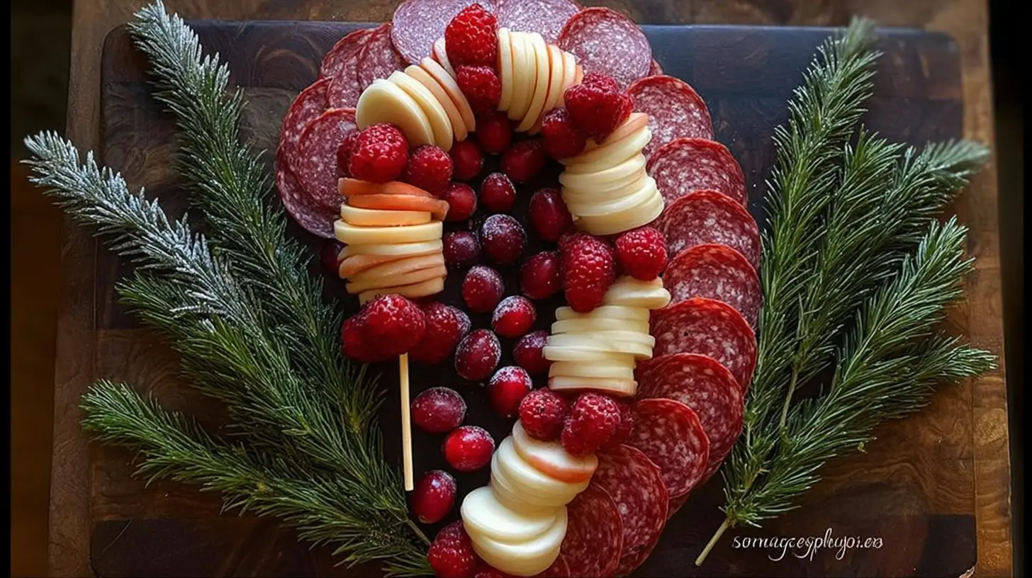 A platter of various festive Christmas snacks arranged for a holiday gathering.