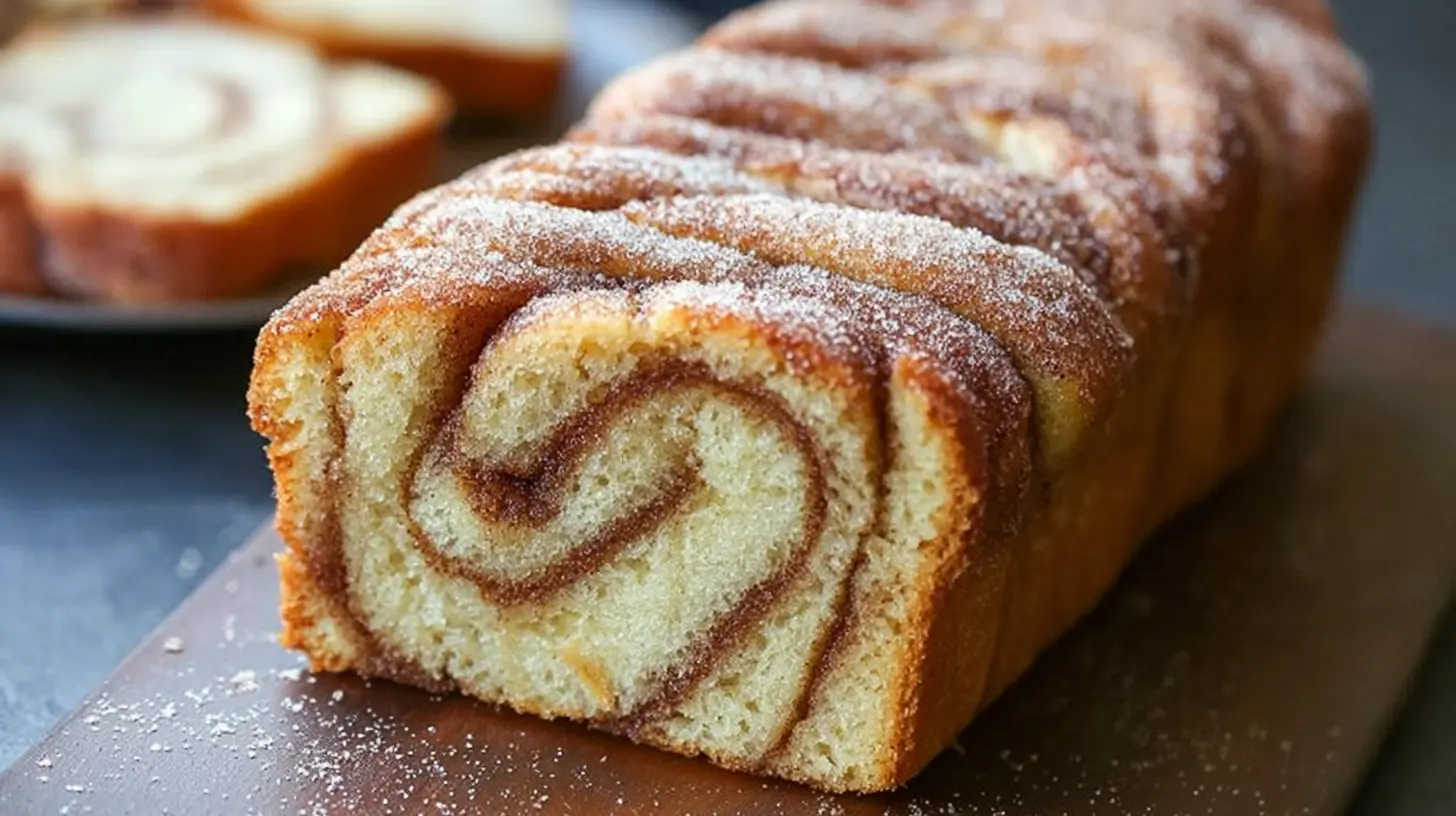 A freshly baked cinnamon donut bread, golden brown and glistening