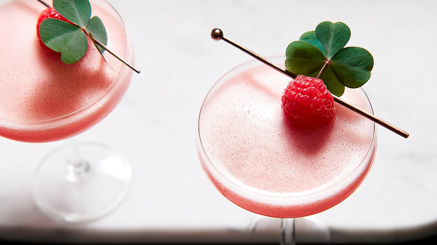 A vibrant pink Clover Club cocktail in a coupette glass, garnished with raspberries.