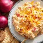 Closeup of homemade pimento cheese with visible red pimentos and shredded cheddar.
