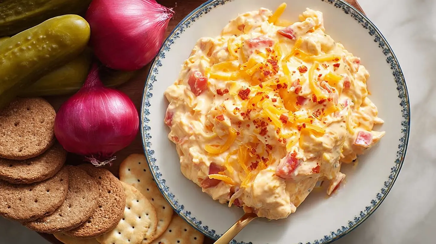 Pimento Cheese Spread: 10 Best Dips 1 Closeup of homemade pimento cheese with visible red pimentos and shredded cheddar.