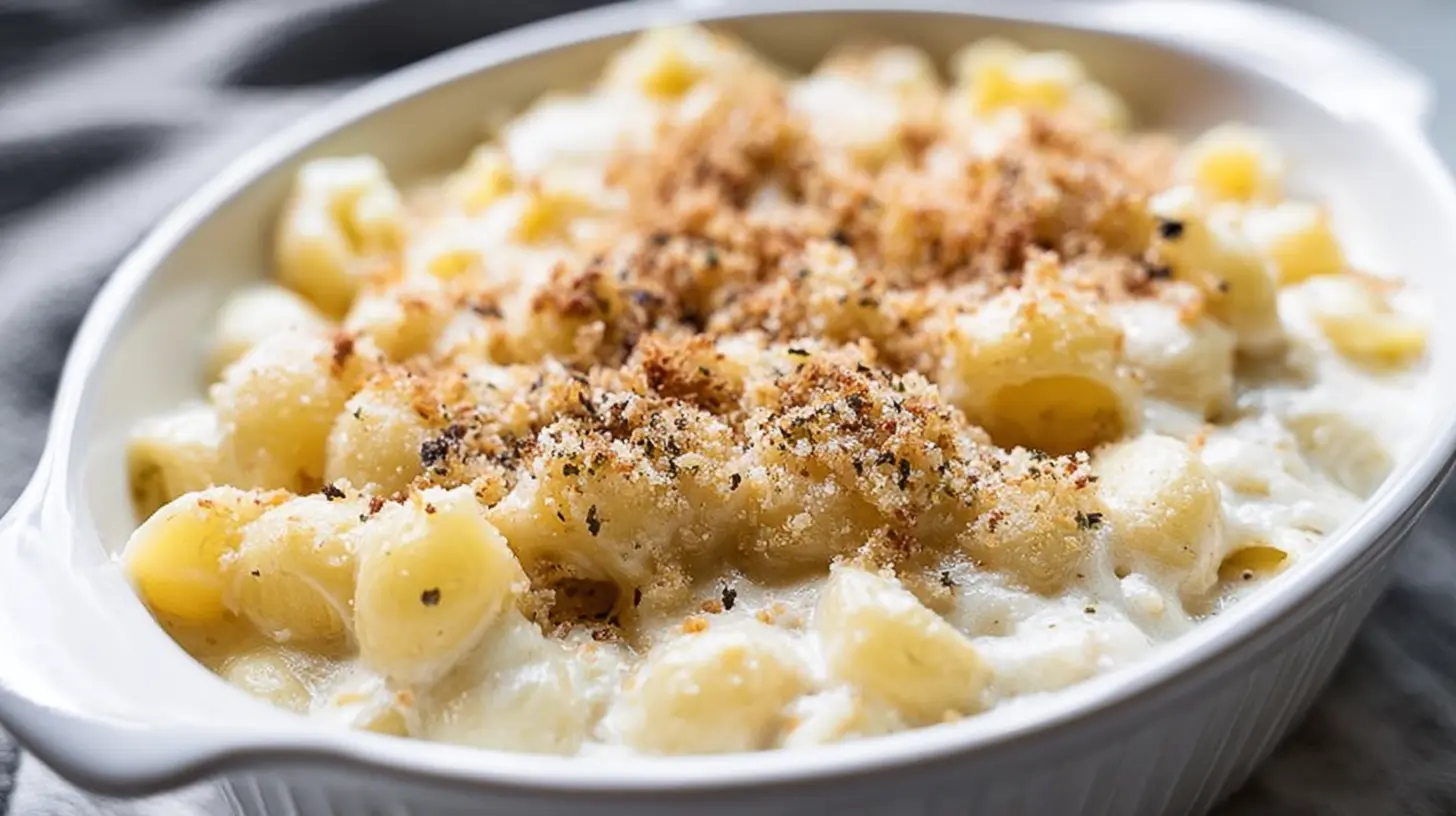 Truffle Mac and Cheese: How 2 Ingredients Change It 1 Close-up of golden-brown truffle mac and cheese in a rustic bowl.