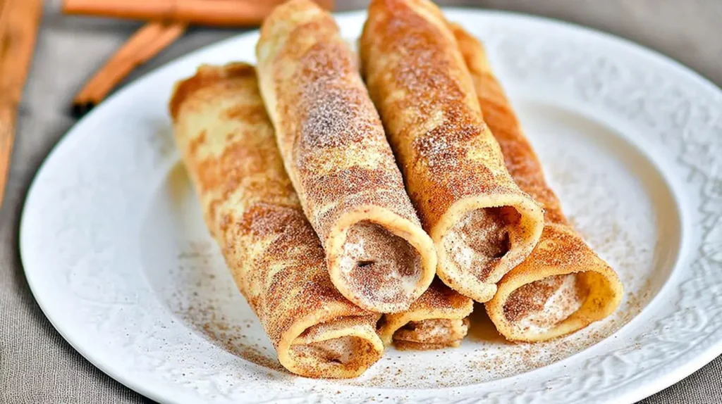 Golden-brown crispy keto cinnamon cream cheese roll-ups on a plate