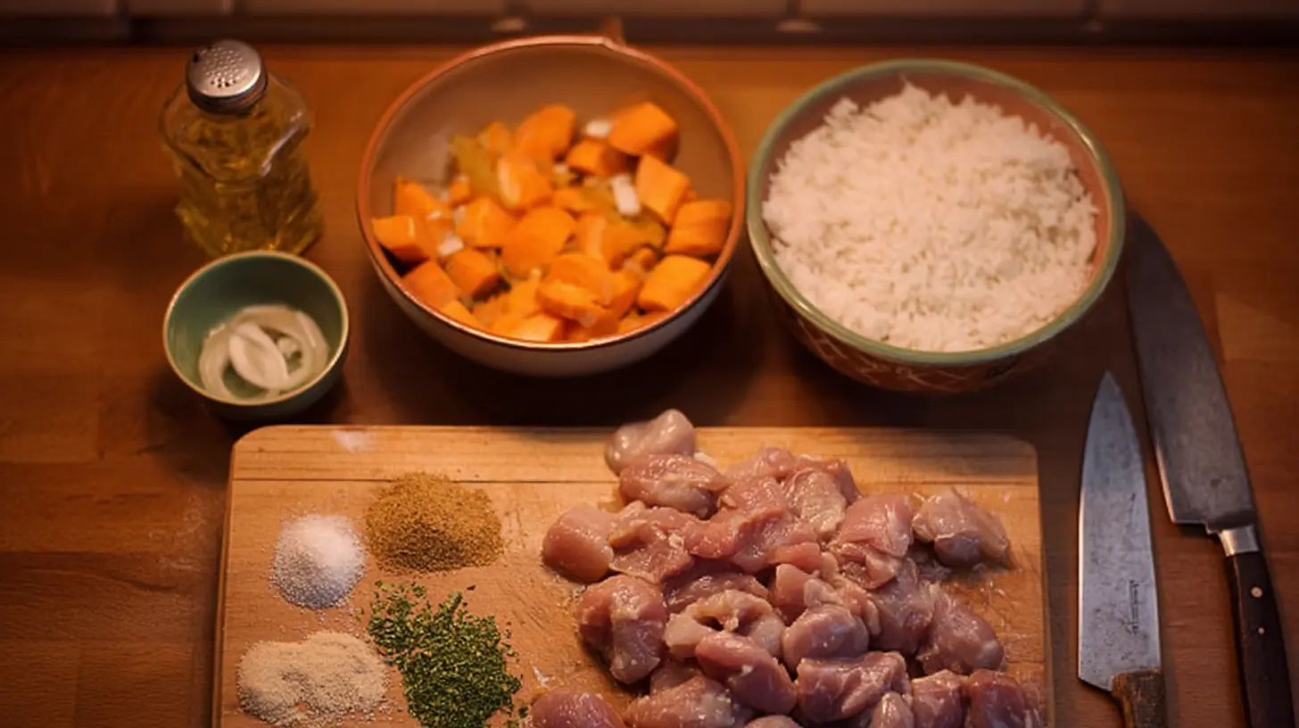 Cooked food simmering in a pan on a hob, showing steam rising
