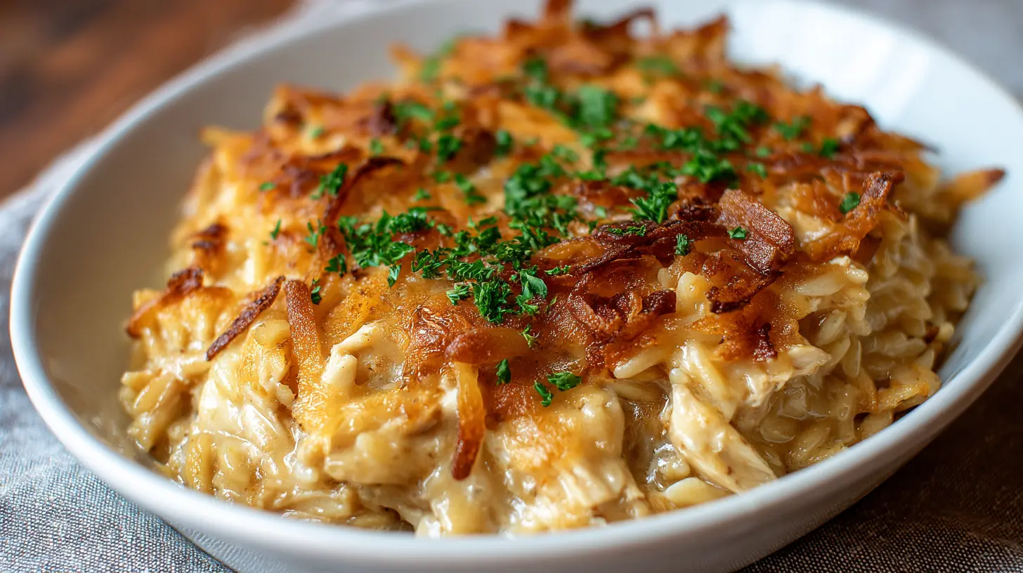 A bubbling French onion chicken orzo casserole, fresh from the oven, garnished with herbs.