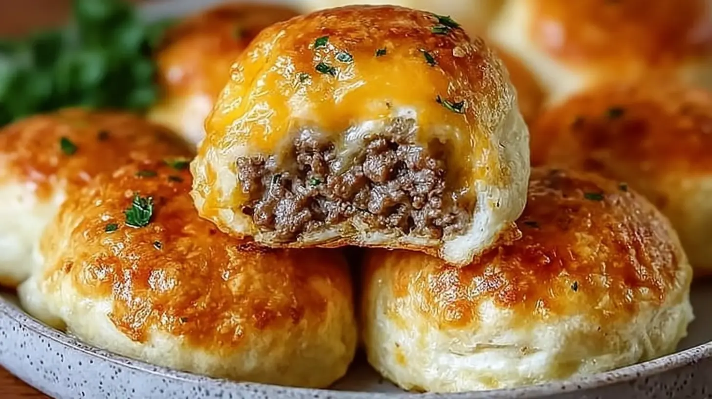 Several freshly baked garlic parmesan cheeseburger bombs, garnished with parsley.