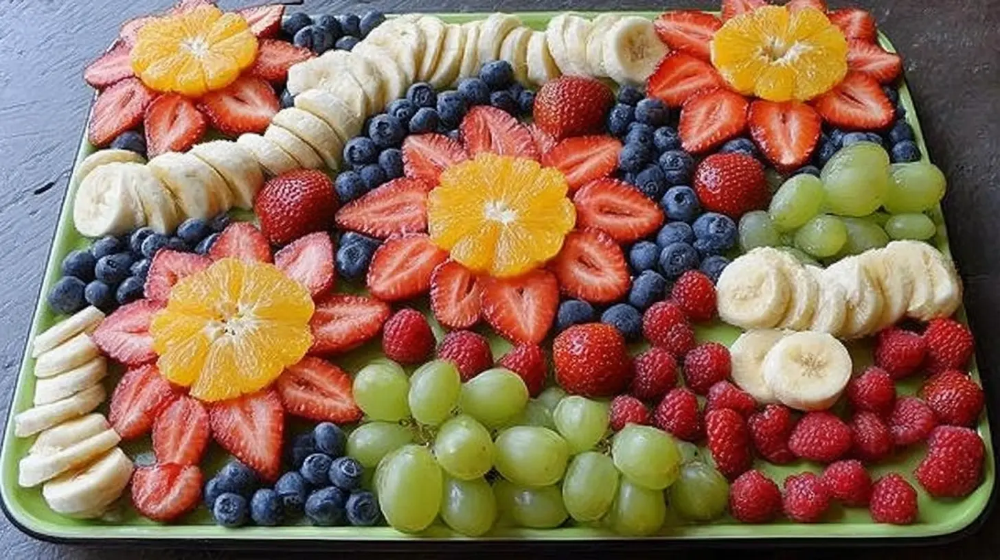 A vibrant fruit platter design featuring an array of colorful cut fruits arranged artfully for kids' parties.