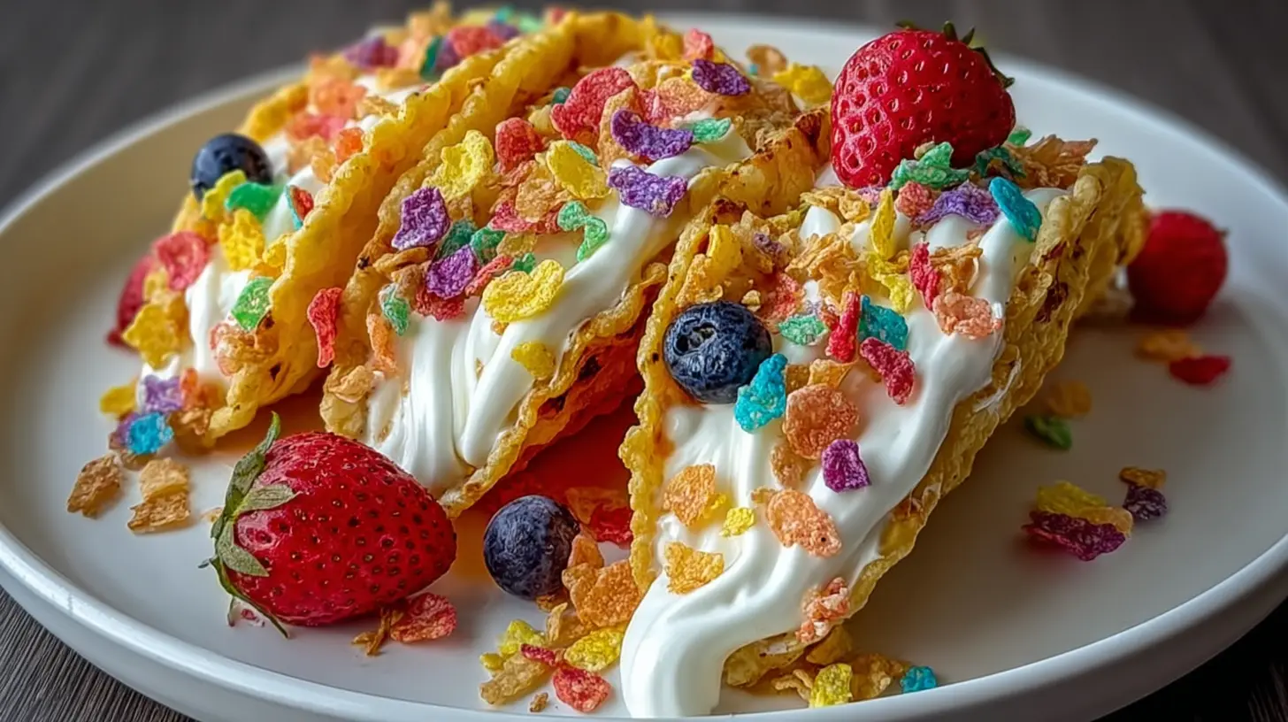Fruity Pebbles Cheesecake Tacos: 7 Best Recipes? 2 Delicious fruity pebbles cheesecake tacos arranged on a colorful platter