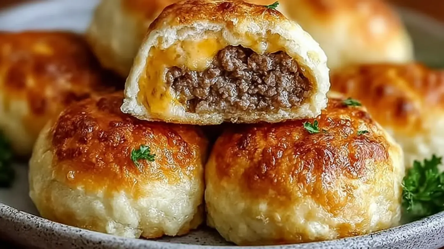 A close-up of golden-brown garlic parmesan cheeseburger bombs, baked to perfection.