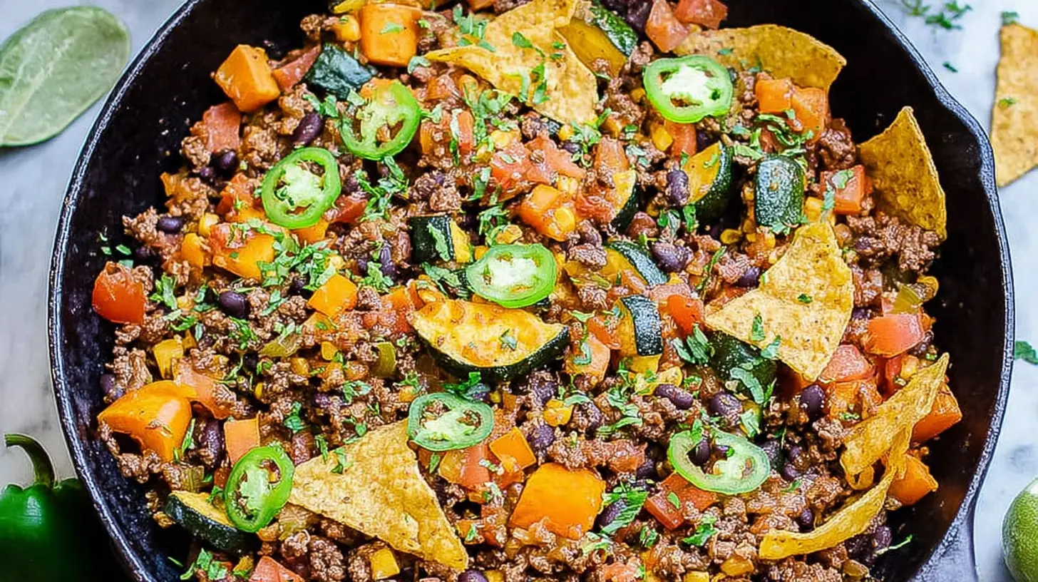 Ground Beef Veggie Skillet: 5 Easy Weeknight Meals 2 A close-up of a sizzling ground beef veggie skillet with vibrant vegetables.