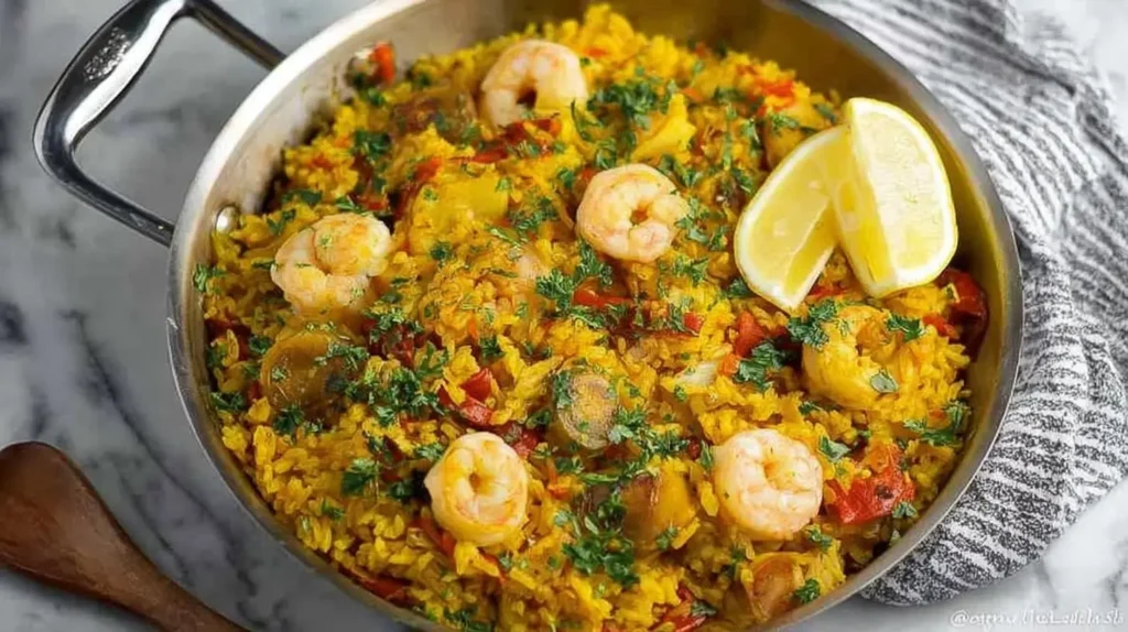 Hearty seafood rice prepared with various shellfish and saffron-infused grains.