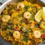 Hearty seafood rice prepared with various shellfish and saffron-infused grains.