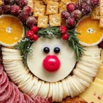 Festive reindeer-themed charcuterie board with various snacks